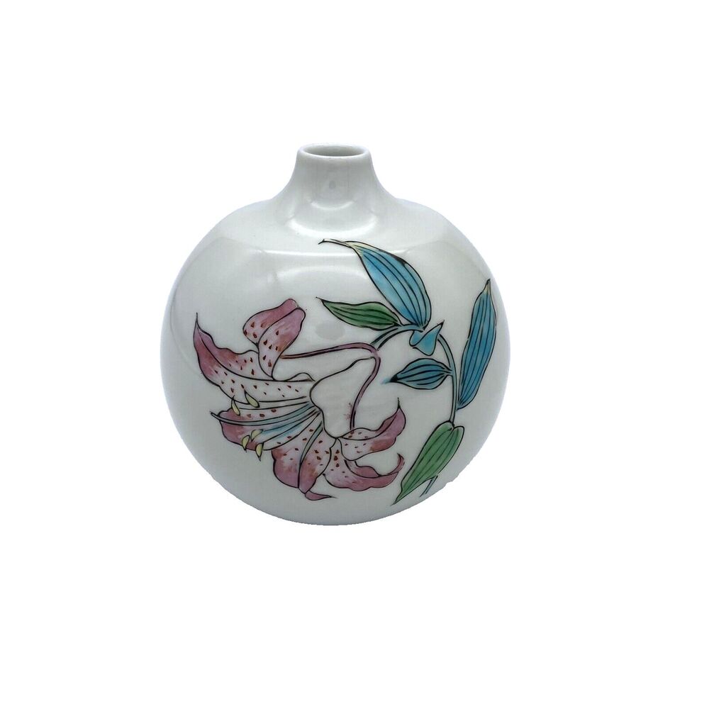 VTG Japanese Pink Lily Ceramic Round Bud Vase Floral Arita Ware 4" Tall